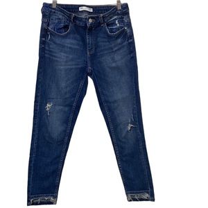 Zara Women's High Rise Distressed Dark Blue Jeans